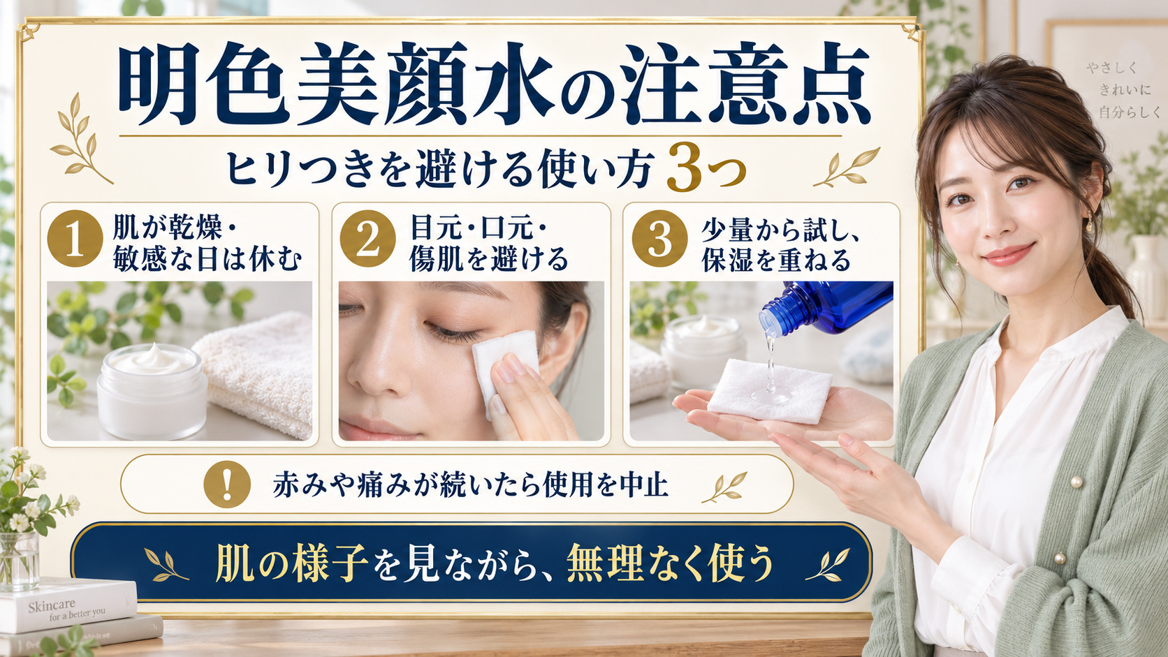 明色美顔水薬用化粧水の注意点!ヒリつきを防ぐ正しい使い方