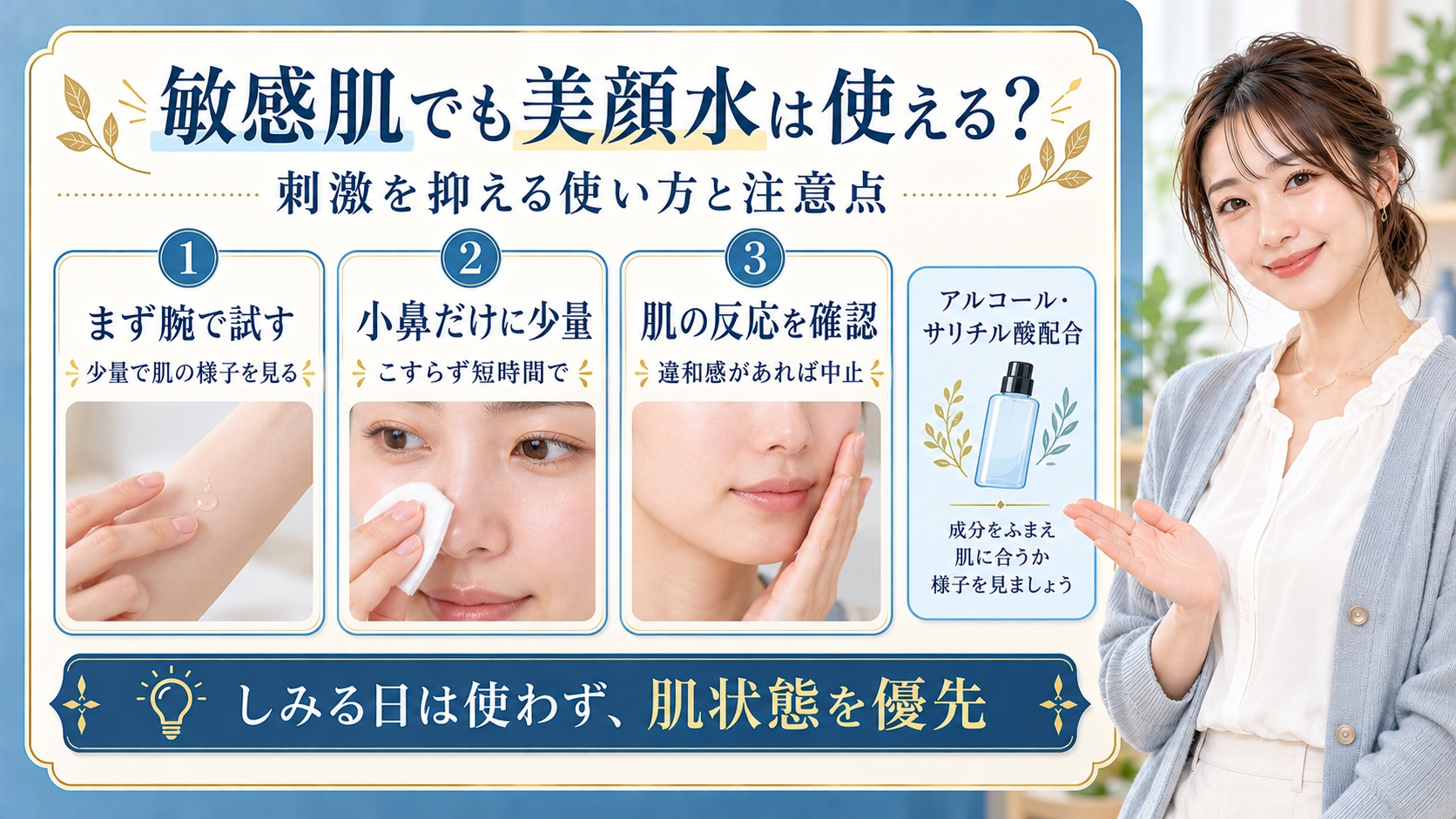 明色美顔水薬用化粧水は敏感肌でも使える?刺激を抑える使い方