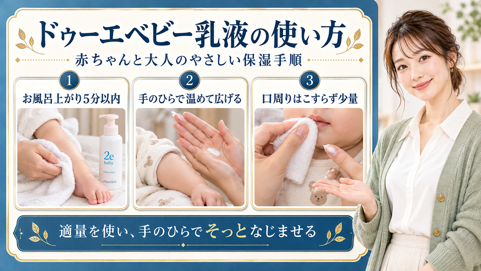 ドゥーエベビーミルキーローションの使い方!赤ちゃんと大人の保湿手順