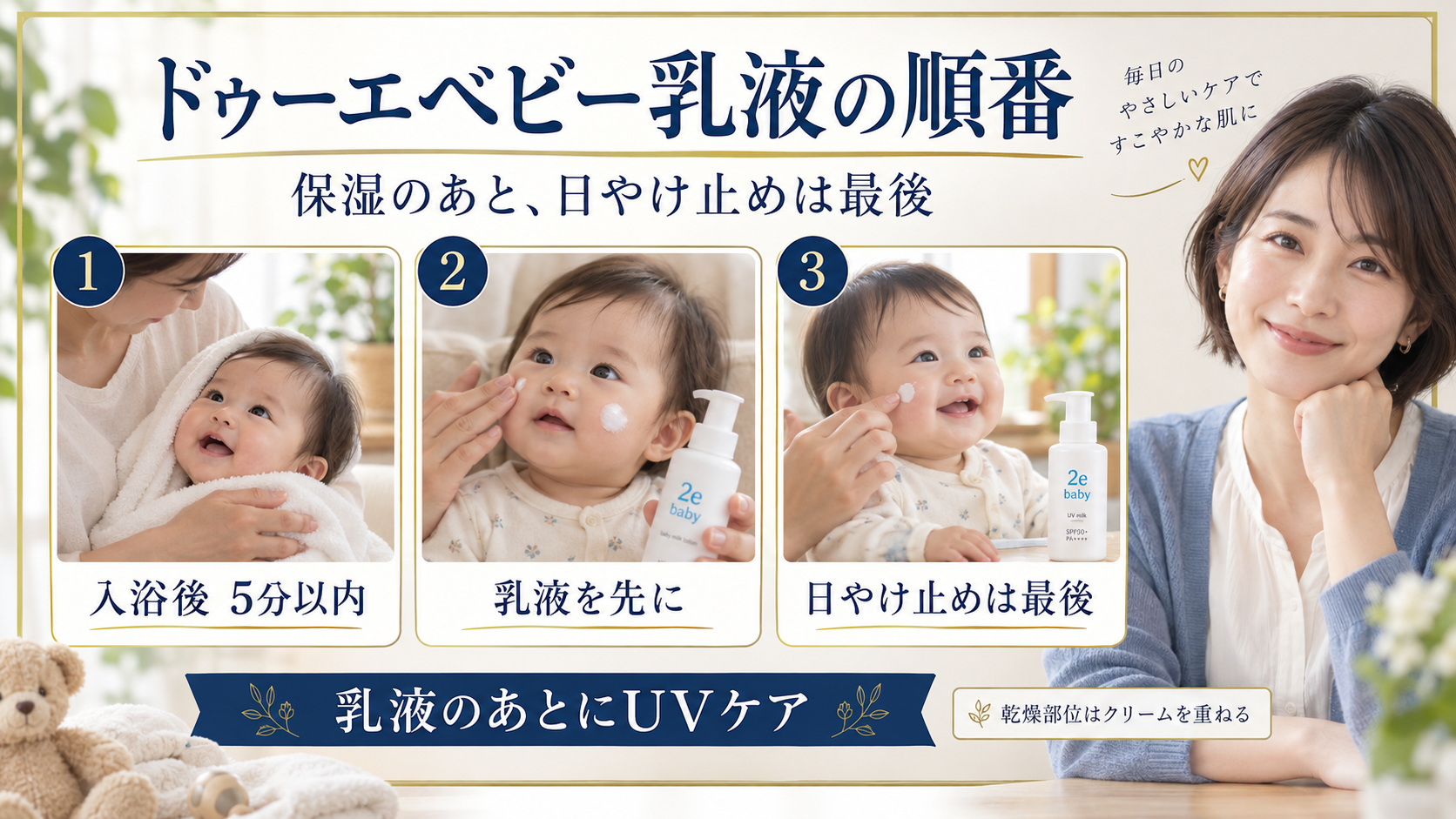 ドゥーエベビー乳液の順番！スキンケア効果を高める正しい重ね順