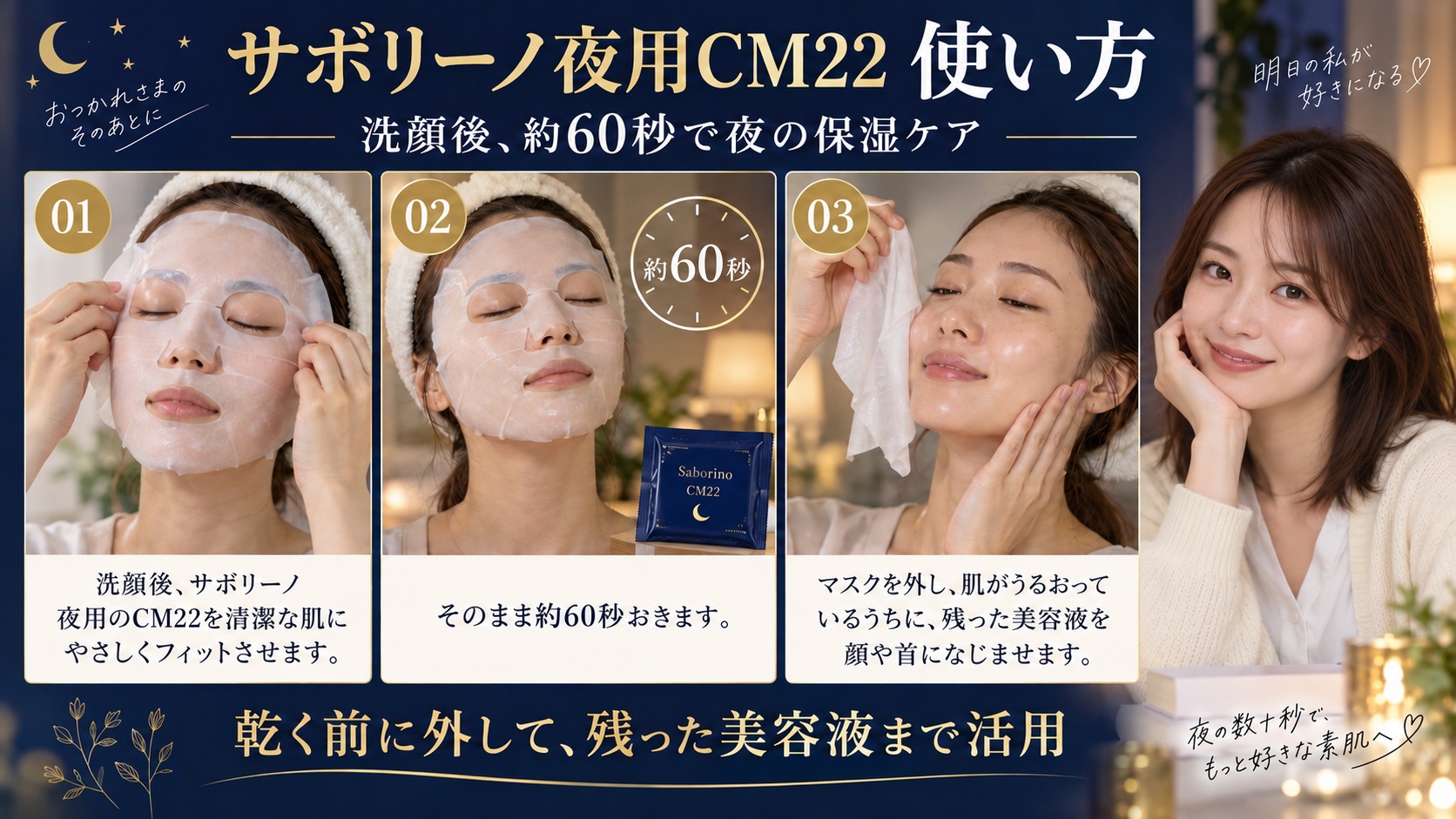 サボリーノ夜用CM22の使い方!60秒で完了する濃厚密着ケア設計