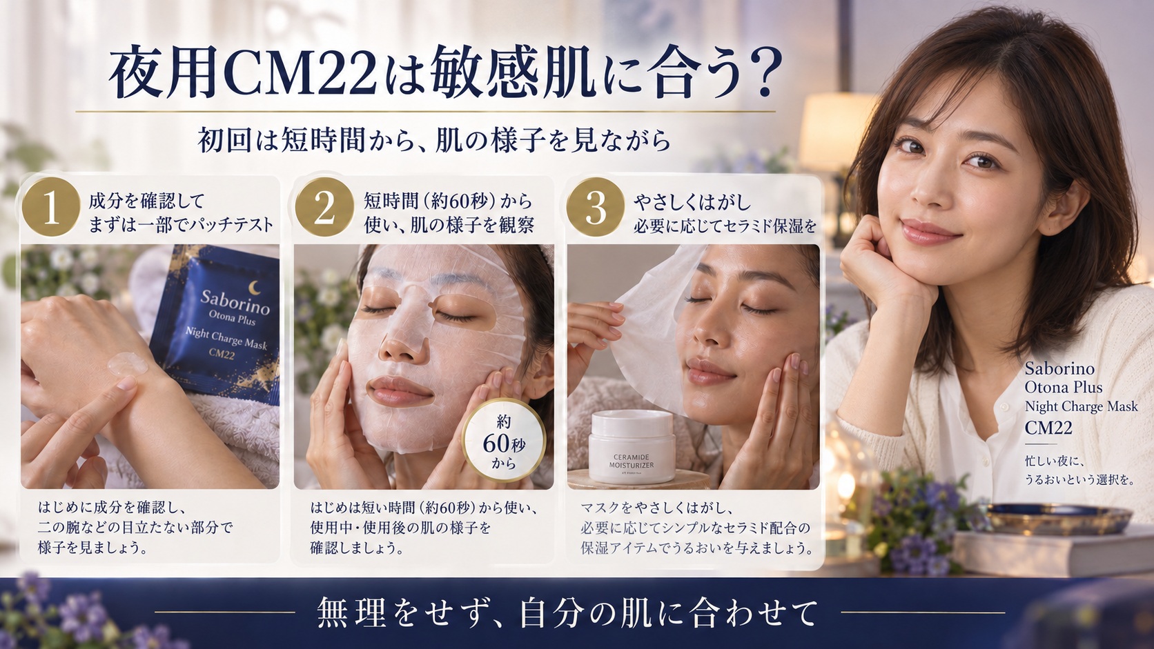 サボリーノ夜用CM22は敏感肌に合う？低刺激設計とセラミド保湿