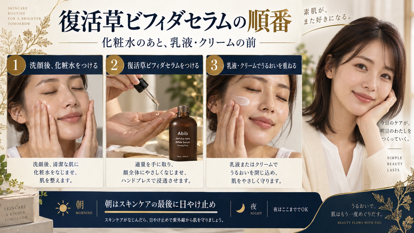 アビブ復活草ビフィダセラムの塗る順番！朝晩の正解スキンケアルート
