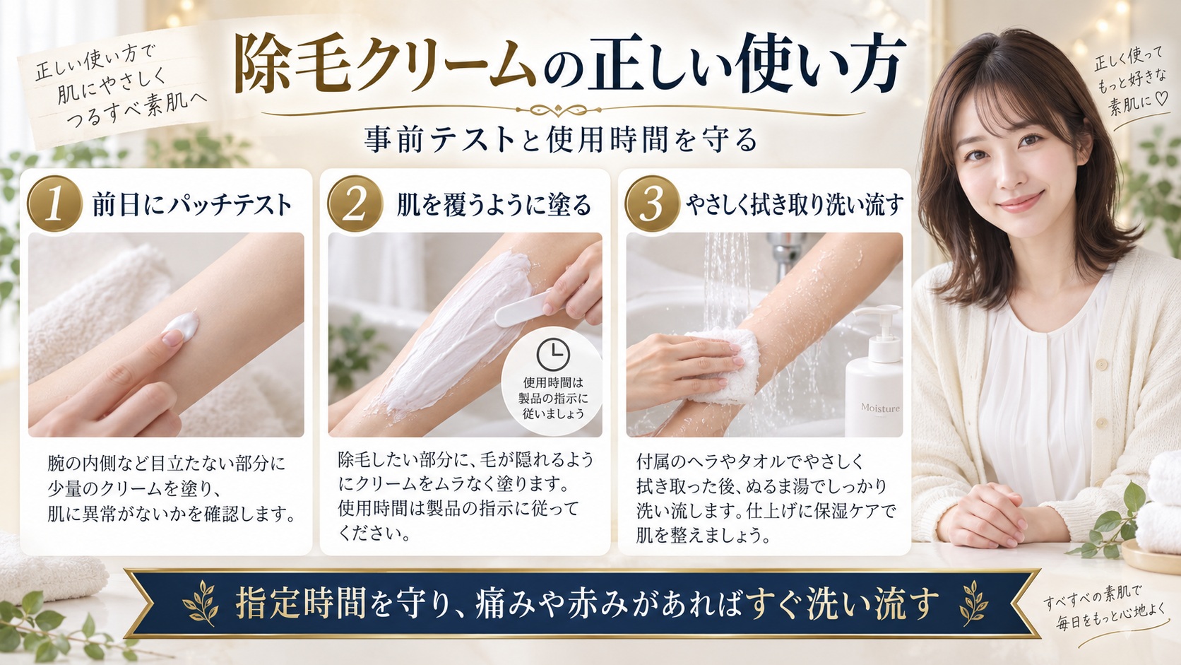除毛クリームの正しい使い方!痛みを防いですべすべ肌に導く手順