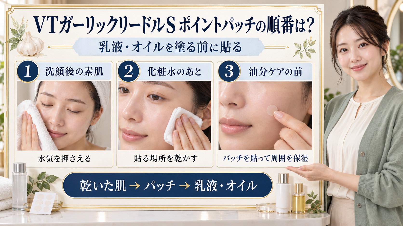 VTガーリックリードルSポイントパッチの使う順番を洗顔後、化粧水後、乳液前の3段階で解説するボード