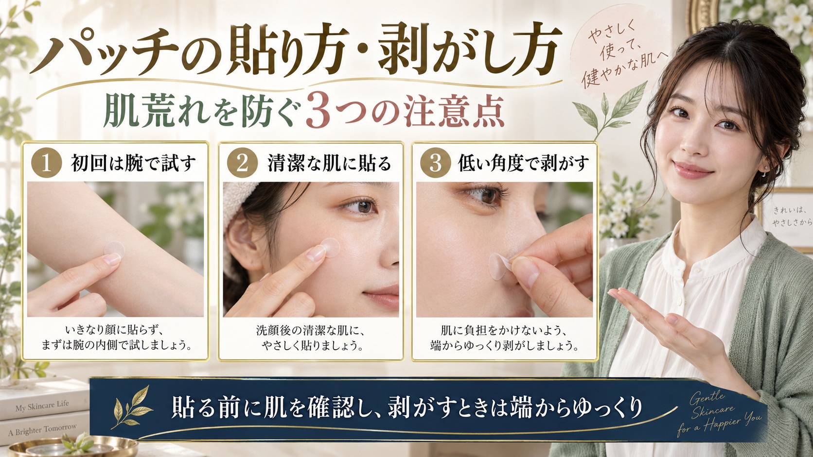 ポイントパッチを初回に腕で試し、清潔な肌に貼り、端から低い角度で剥がす3つの注意点を示すボード