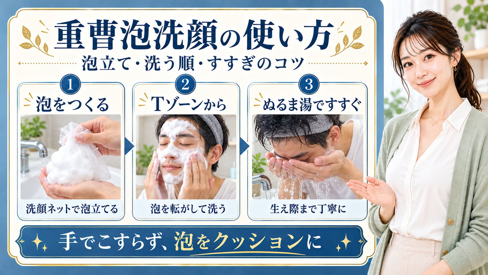 洗顔ネットで泡立て、Tゾーンから泡で洗い、ぬるま湯ですすぐ重曹泡洗顔の3ステップ