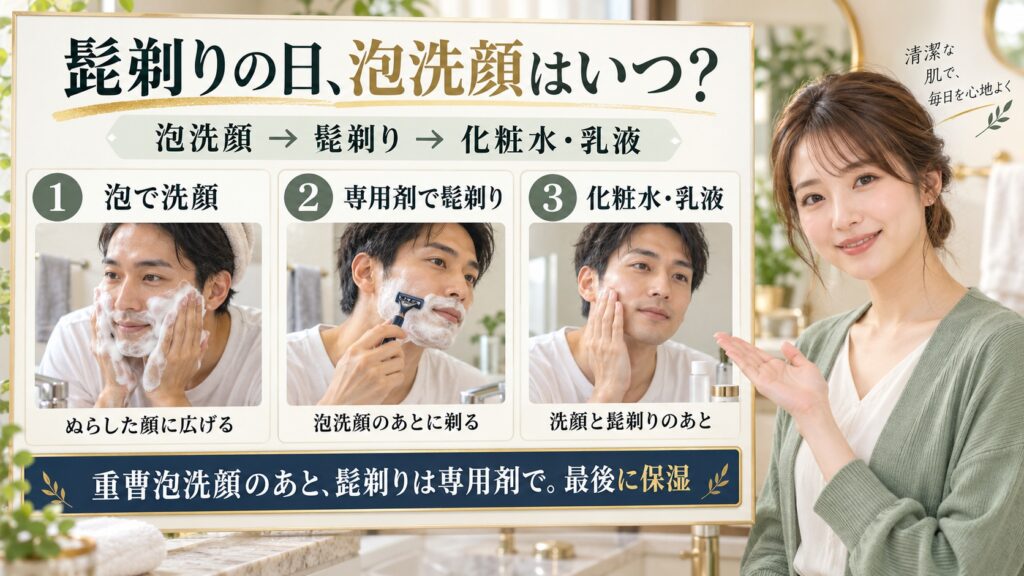 泡洗顔をしてから専用剤で髭を剃り、化粧水と乳液を重ねる順番を示した3カードのボード