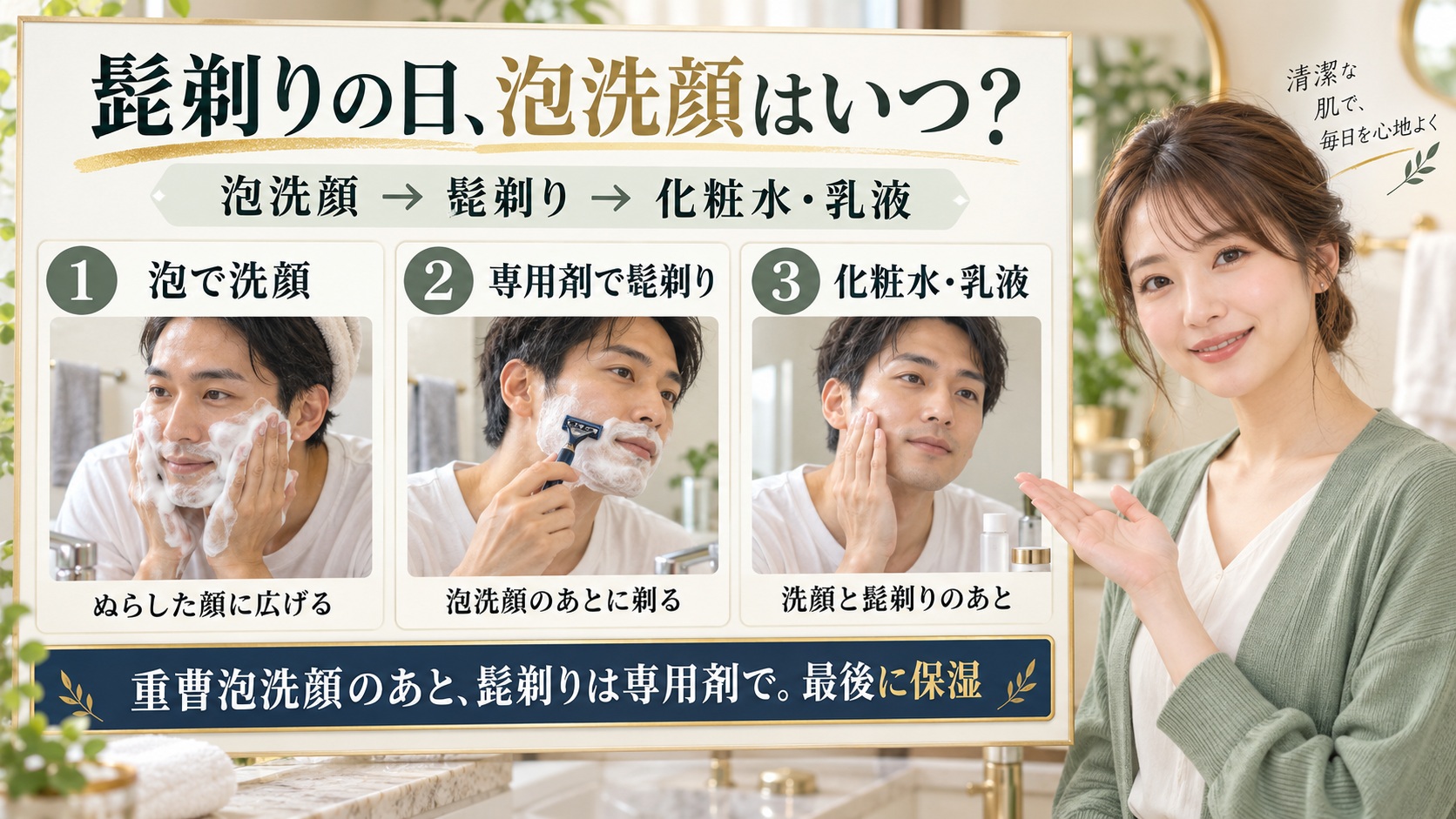 泡洗顔をしてから専用剤で髭を剃り、化粧水と乳液を重ねる順番を示した3カードのボード