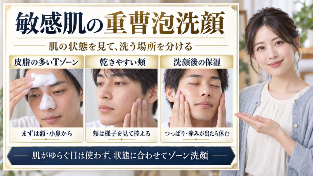 敏感肌の重曹泡洗顔で洗う場所を分ける考え方をまとめたビューティーボード。Tゾーンから始め、乾きやすい頬は様子を見て、刺激があれば休む行動を紹介。