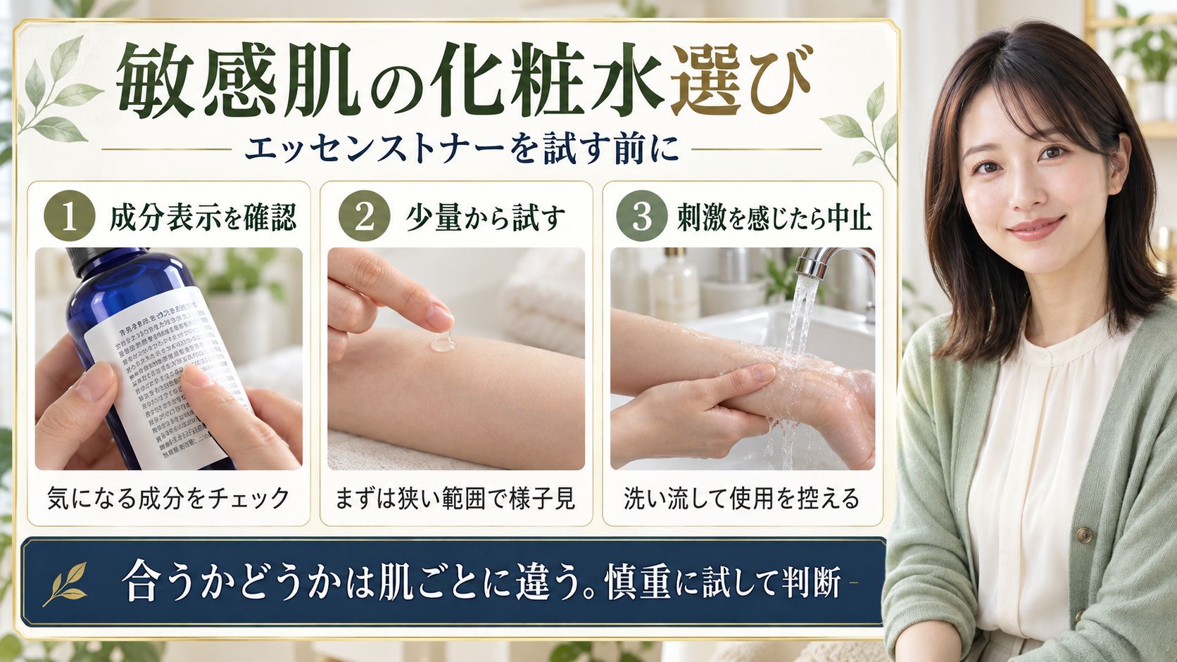 敏感肌で新しい化粧水を試す前の確認をまとめたビューティーボード。成分表示を確かめ、少量から試し、刺激を感じたら洗い流して使用を控える3つの行動を紹介。