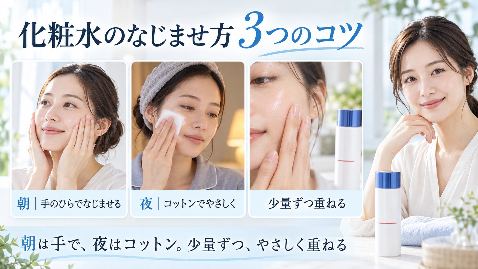 トランシーノ薬用ホワイトニングクリアローションEXの使い方をまとめたボード。朝は手のひら、夜はコットン、少量ずつやさしく重ねる3つの使い方を紹介。