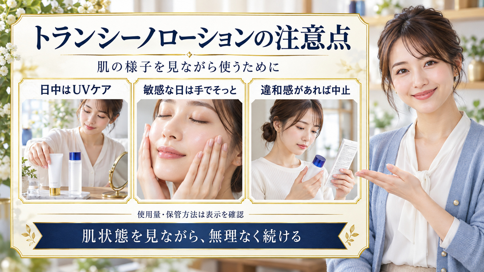 トランシーノローションの一般的な使用上の注意をまとめたビューティーボード。日中のUVケア、肌が敏感な日は手でやさしく塗ること、違和感があれば中止することを紹介。
