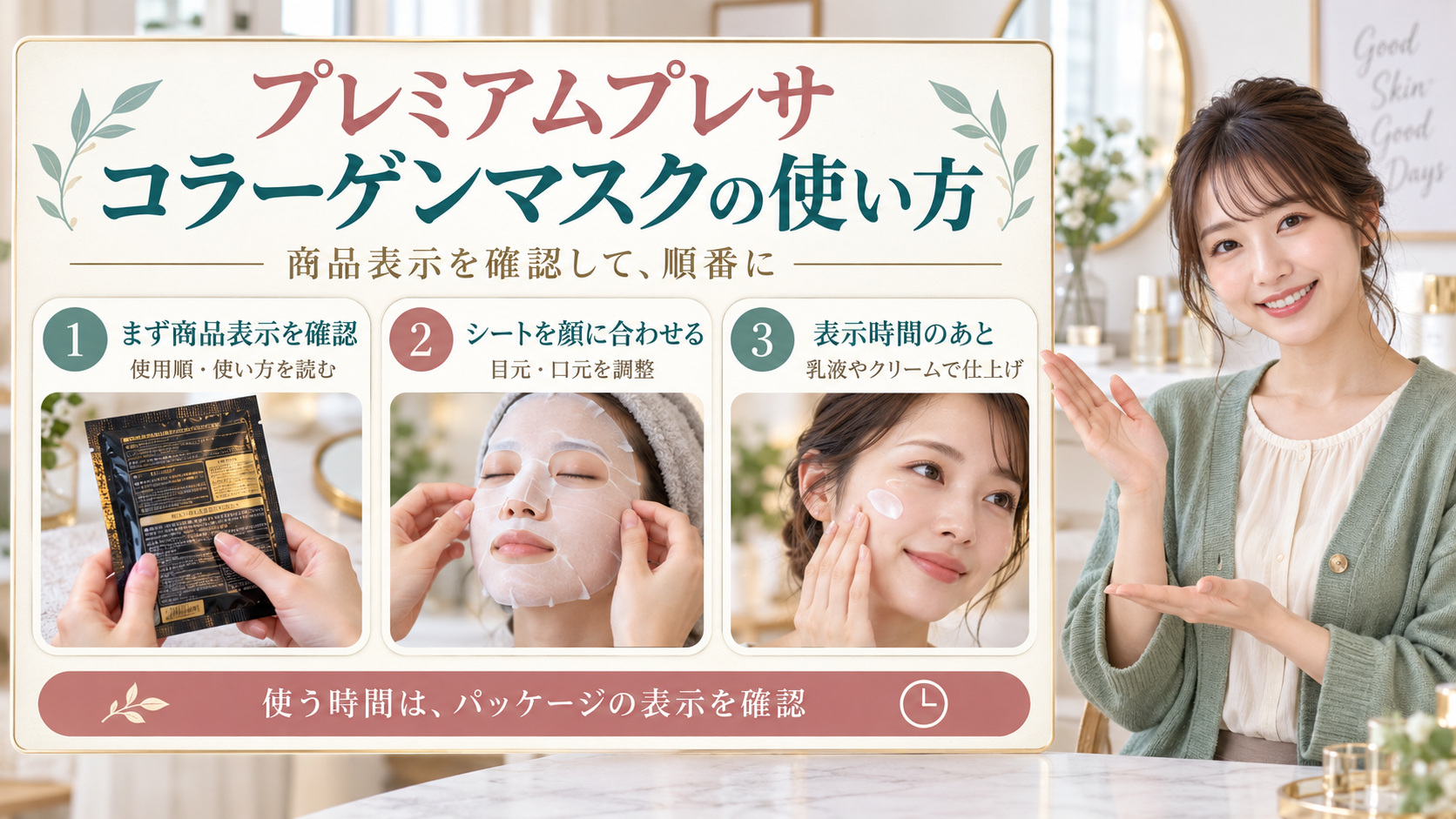 ウテナのプレミアムプレサ コラーゲンマスクの使い方をまとめたビューティーボード。商品表示の確認、シートを顔に合わせる手順、表示時間後の保湿を3枚で紹介。