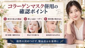 プレミアムプレサ コラーゲンマスクと他のスキンケアを併用する際の確認をまとめたビューティーボード。両方の表示を確認し、新しい品は一つずつ、使用後の肌を観察する3つの行動を紹介。