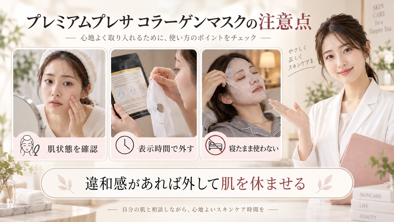 プレミアムプレサ コラーゲンマスクの注意点。使用表示を確認し、違和感があれば外して肌を休ませる