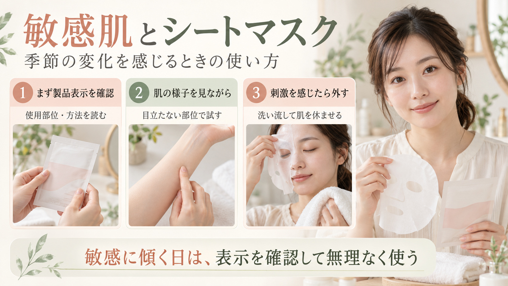 敏感肌とシートマスクの使い方。製品表示を確認し、刺激を感じたら外して肌を休ませる
