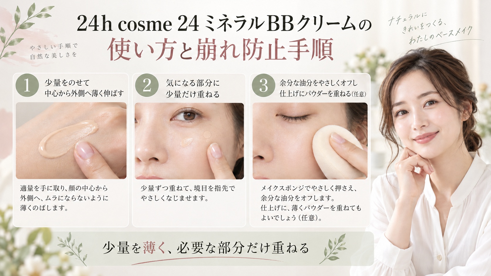 24 ミネラルBBクリームを少量ずつ薄くのばし、必要な部分だけ重ねる手順
