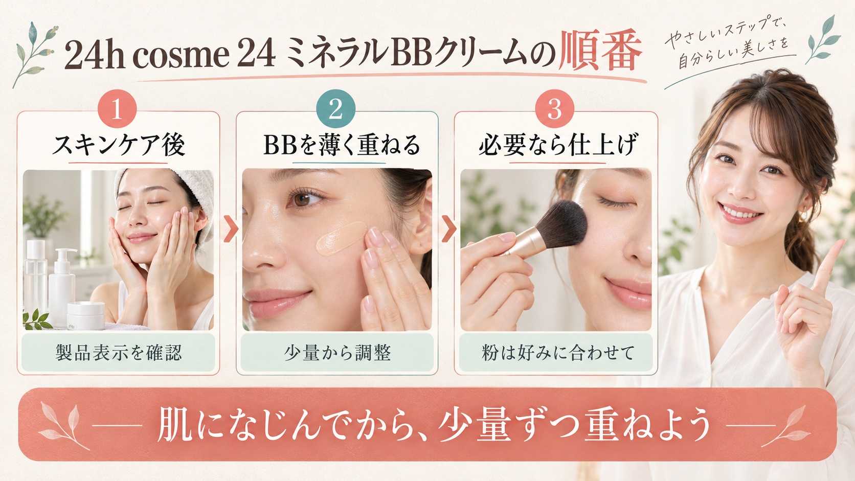 24 ミネラルBBクリームの順番。製品表示を確認し、少量ずつ重ねて好みで粉を使う