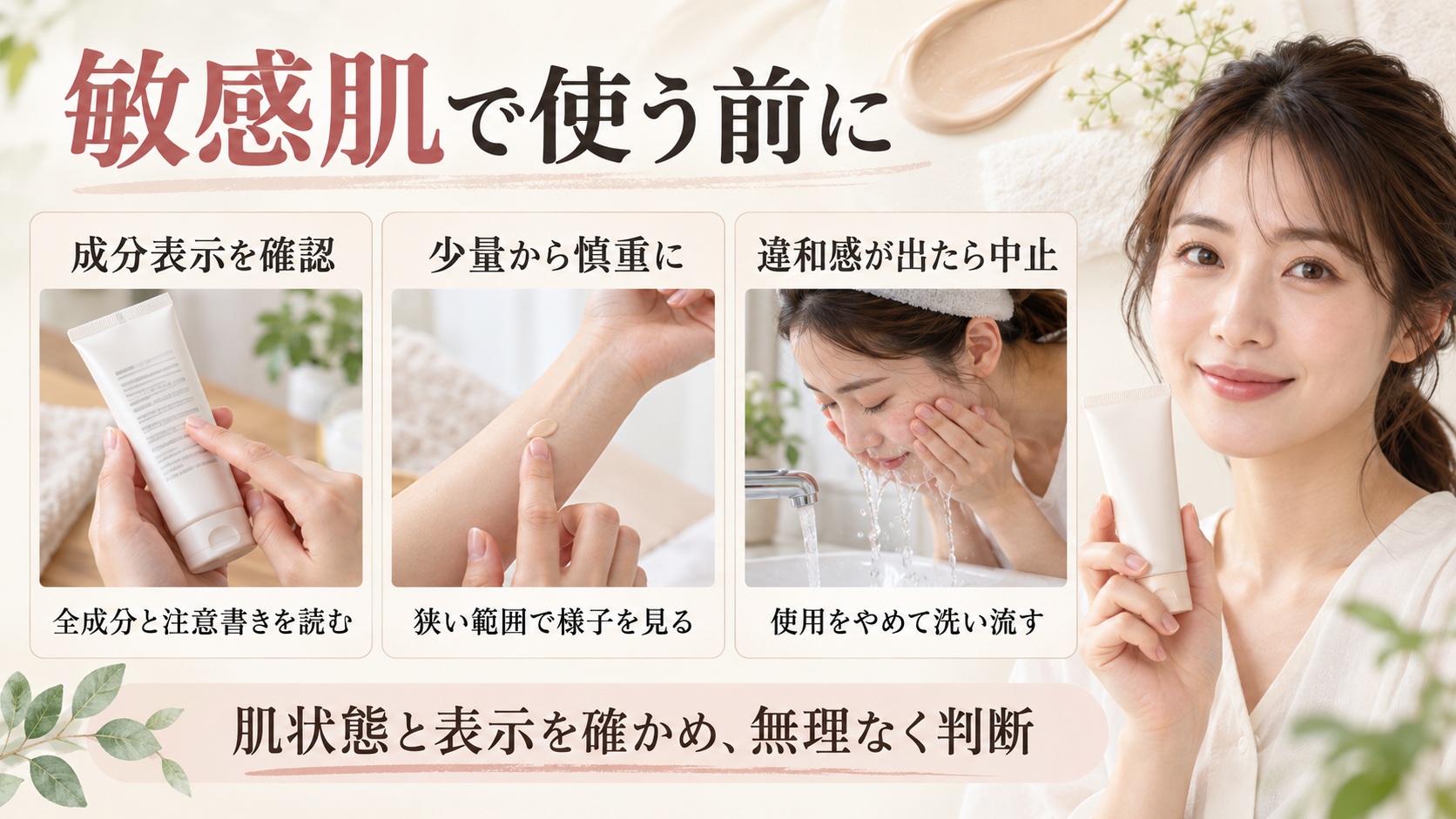 敏感肌で使う前に成分表示を確認し、狭い範囲で様子を見て違和感があれば中止する