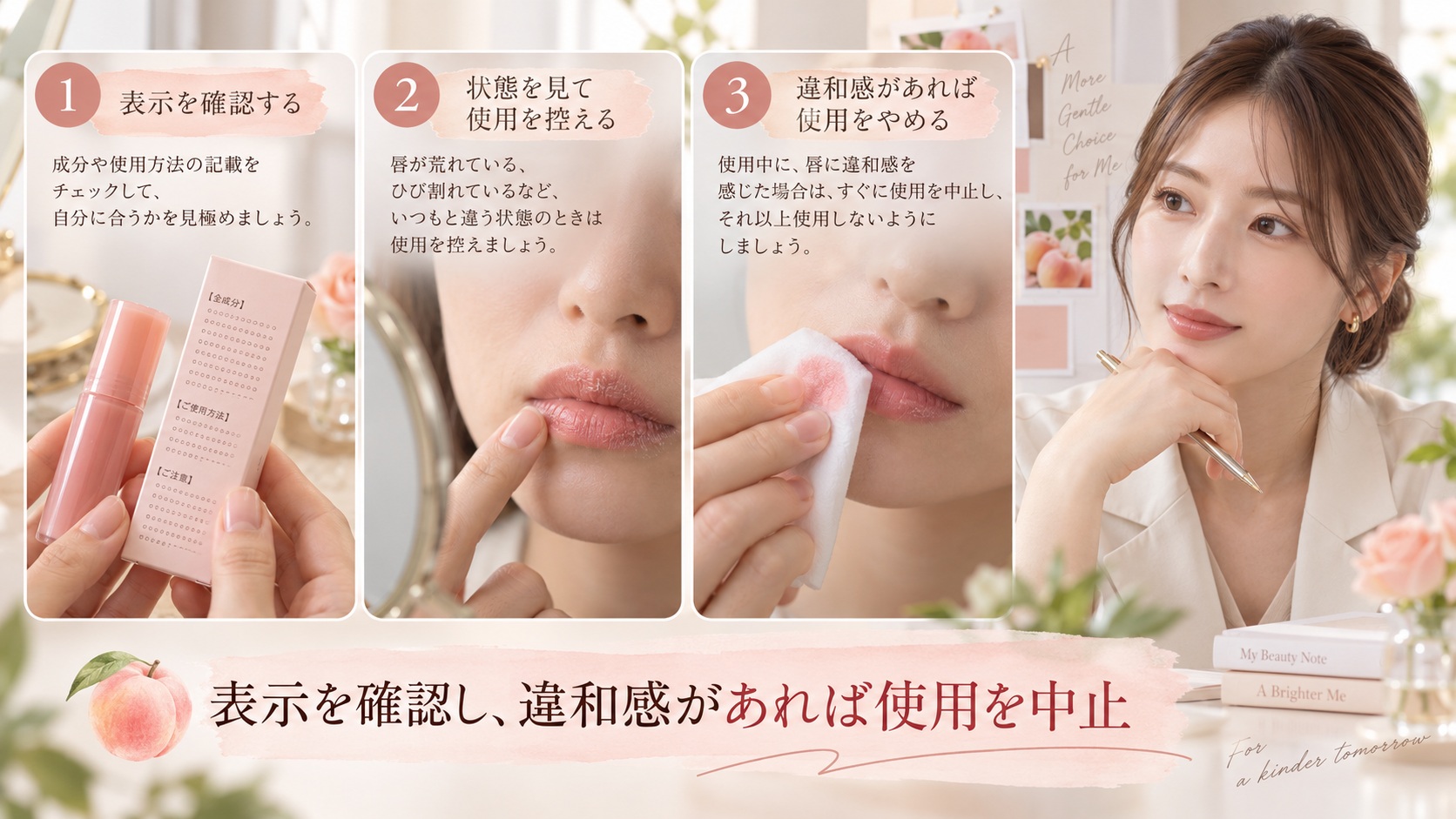 敏感な唇で使う前に成分と使用方法の表示を確認し、荒れている時や違和感がある時は使用を控える