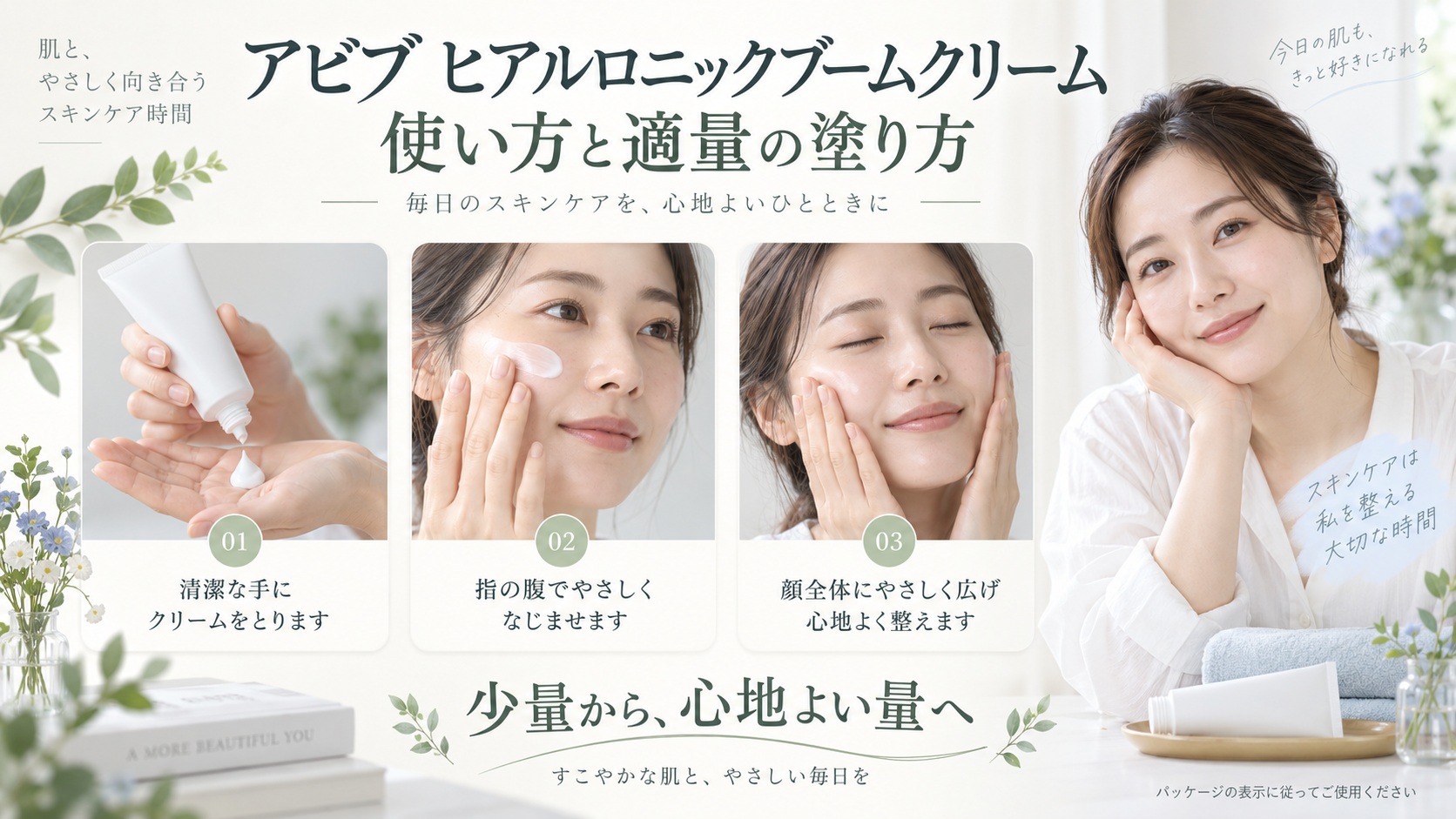 アビブ ヒアルロニックブームクリームを清潔な手でとり、顔にやさしく広げてなじませる