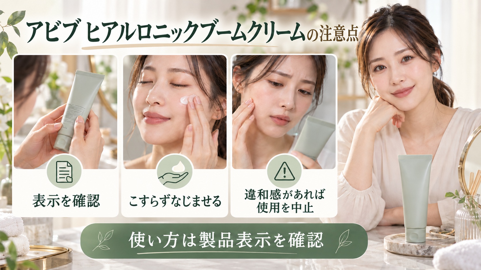 アビブ ヒアルロニックブームクリームの注意点。使用表示を確認し、こすらずなじませ、違和感があれば中止する
