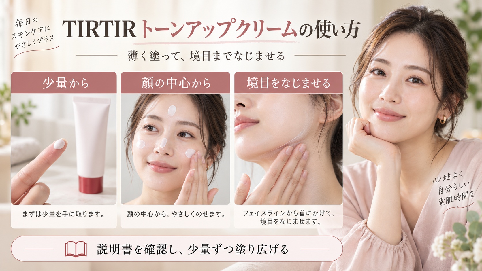 TIRTIRトーンアップクリームを少量から顔の中心に塗り、フェイスラインまでなじませる