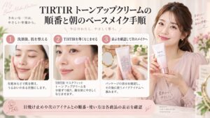 TIRTIRトーンアップクリームを肌を整えた後に薄くなじませ、次のメイクは製品表示を確認する
