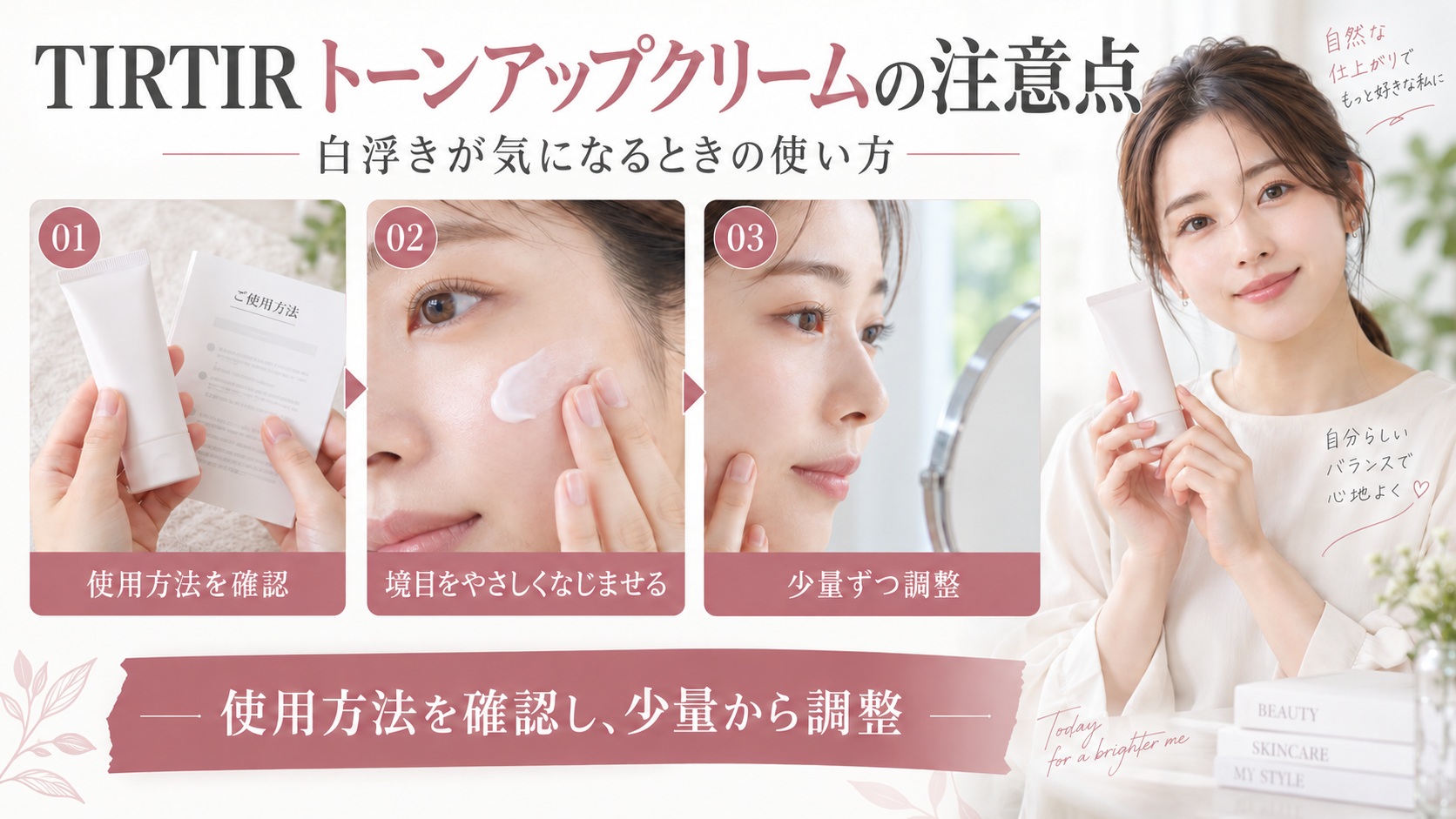 TIRTIRトーンアップクリームの注意点。説明を確認し、境目をなじませて量を少しずつ調整する