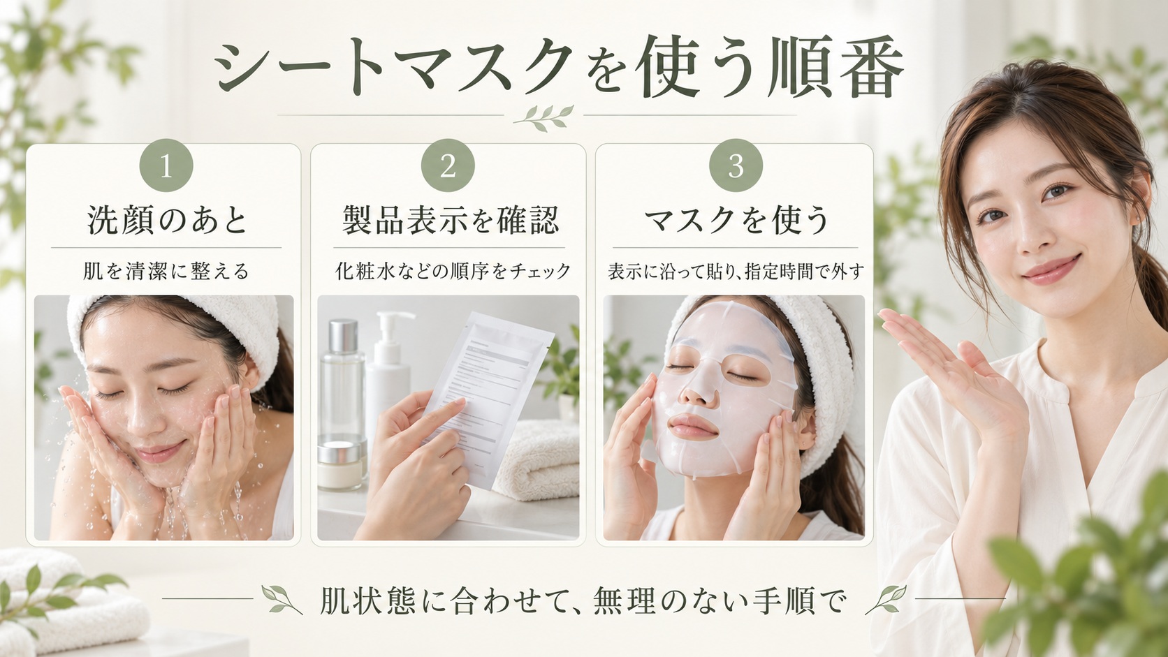 シートマスク使用前に肌を清潔に整え、製品表示で使用順を確認する手順