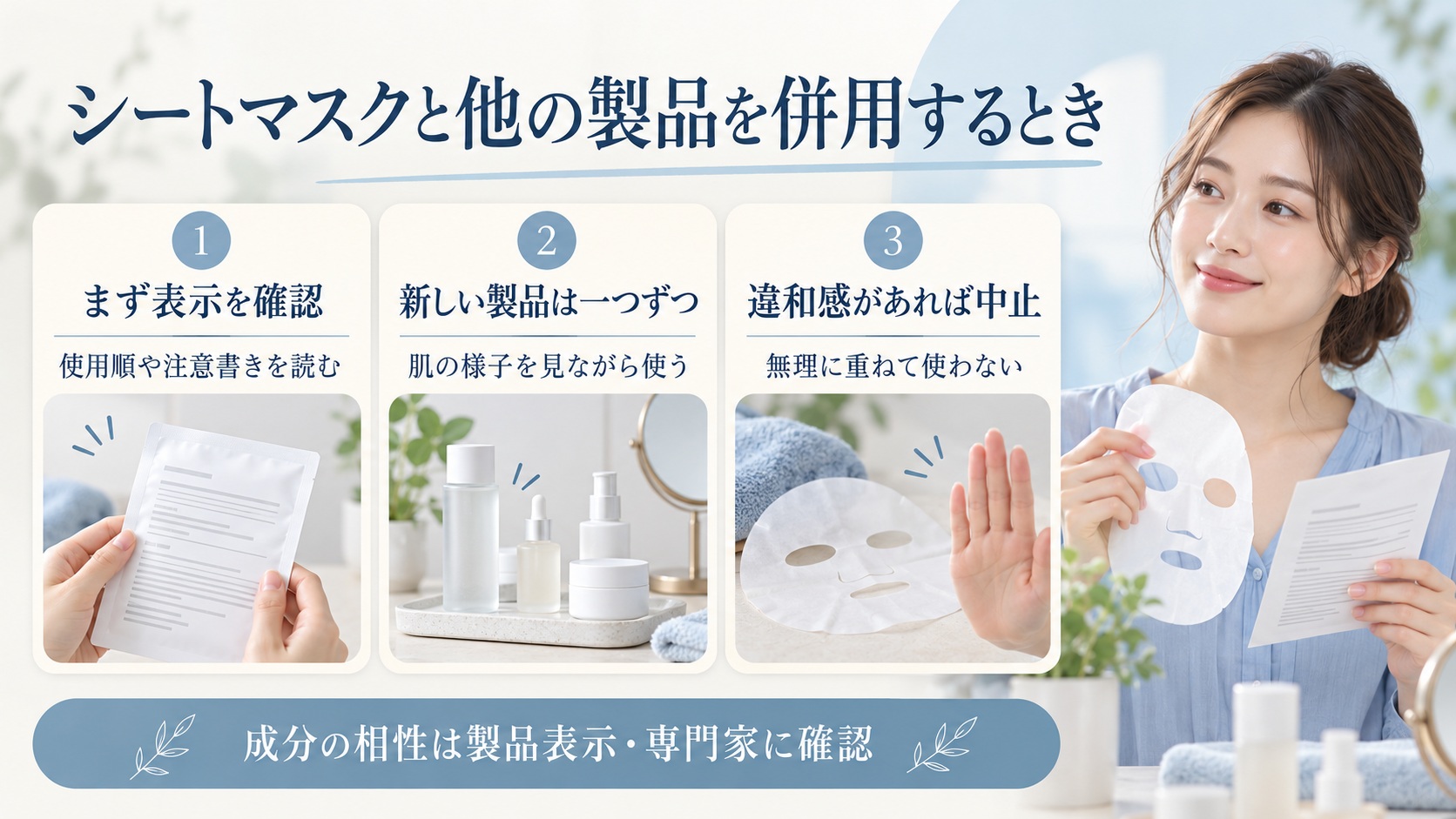 シートマスクとの併用前に製品表示を確認し、新しい製品を一度に重ねず、違和感があれば中止する手順