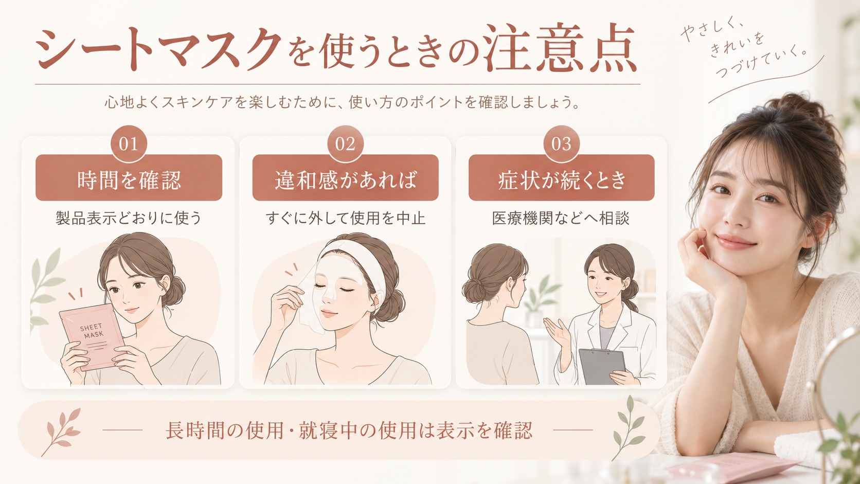 シートマスクは製品表示どおりに使い、違和感があれば中止し、症状が続く場合は相談する注意点