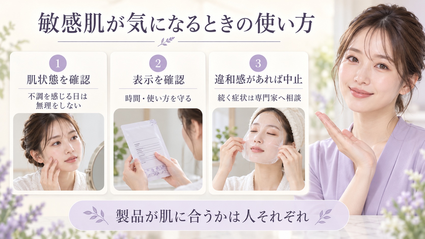 シートマスク使用時は肌状態と表示を確認し、違和感があれば中止する一般的な注意点