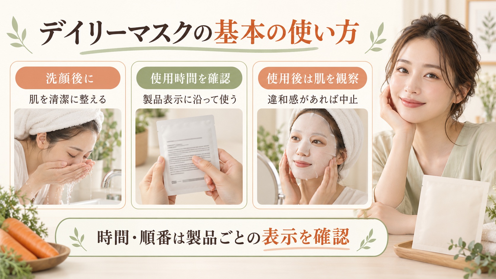 デイリーマスクは洗顔後に製品表示の時間と使い方を確認して使用し、違和感があれば中止する手順