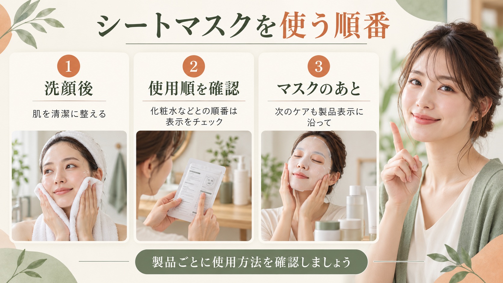 シートマスクは洗顔後に製品表示で使用順を確認し、使用後のケアも表示に沿って行う手順