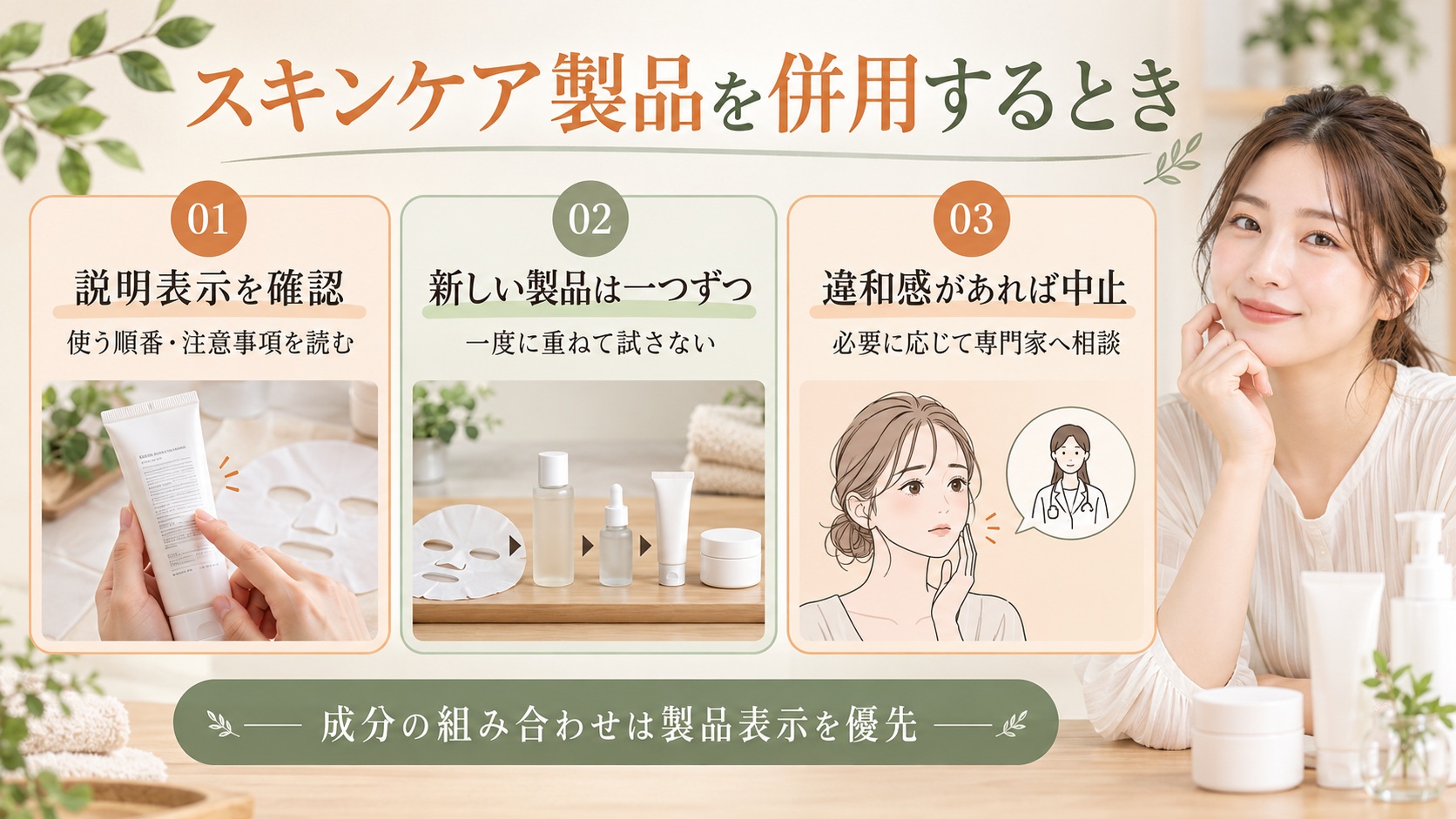 スキンケア製品の併用時は説明表示を確認し、新しい製品は一つずつ試して違和感があれば中止する手順