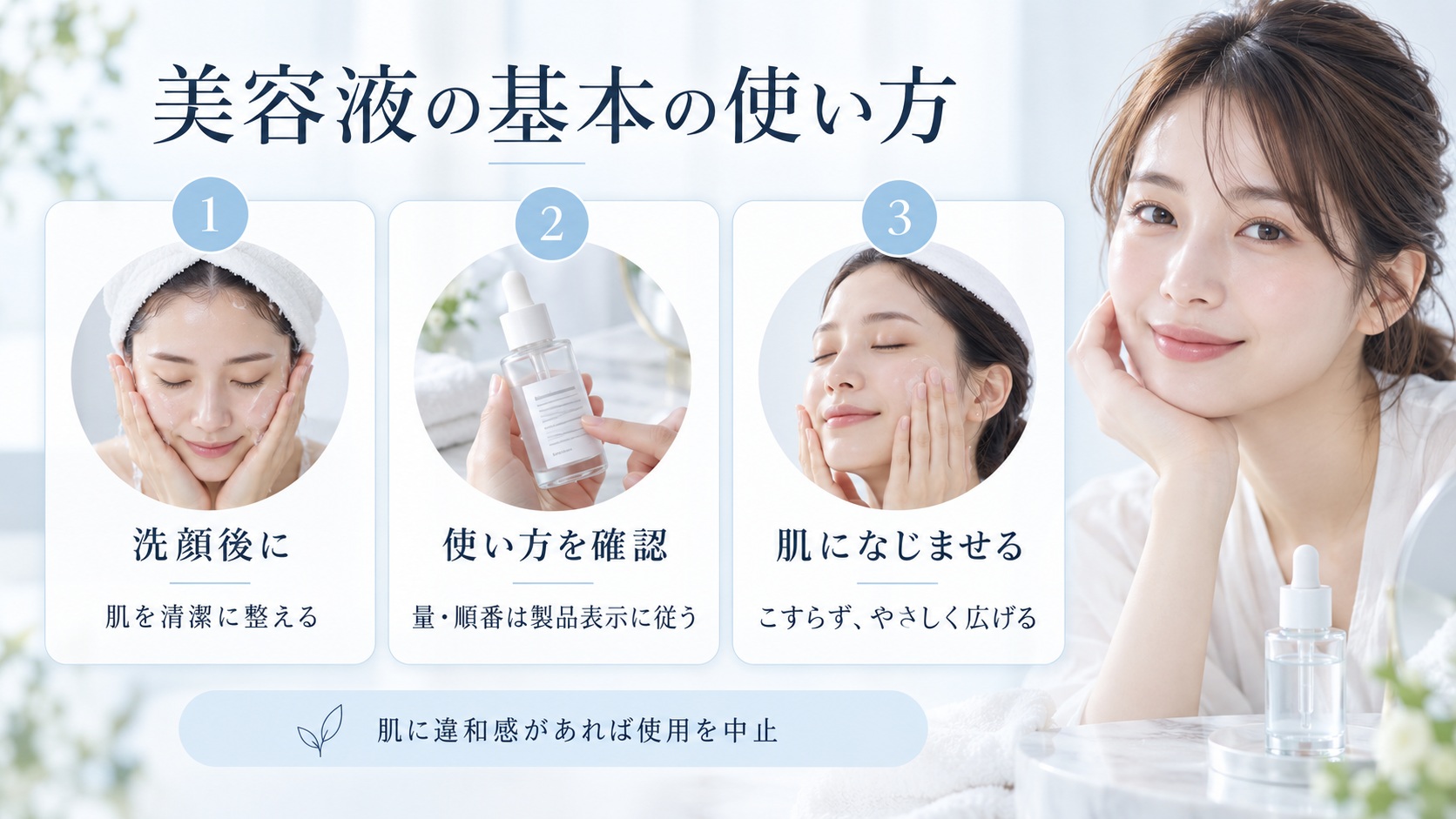 美容液は洗顔後に製品表示で使用量と順番を確認し、こすらずやさしくなじませる手順
