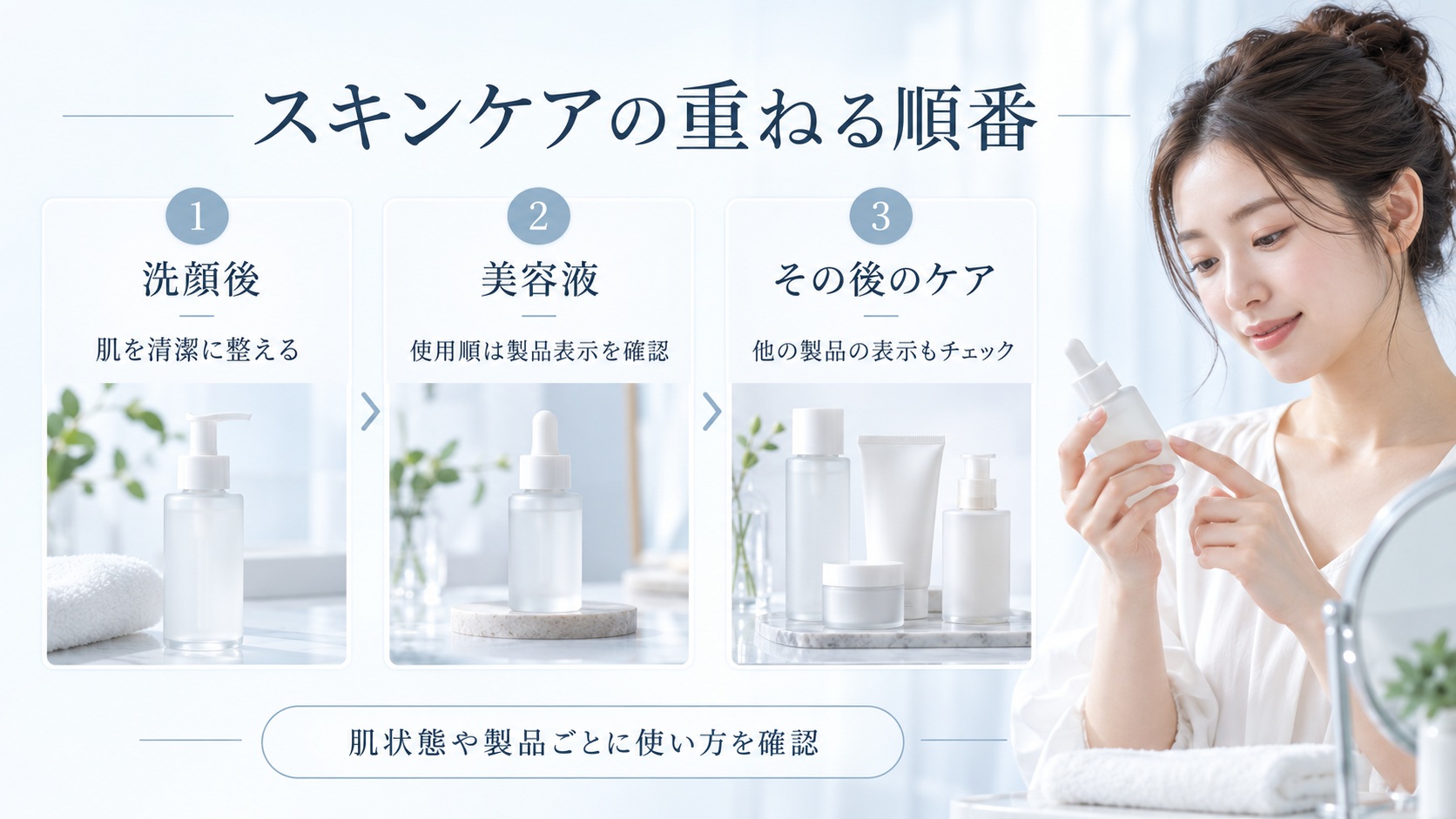 洗顔後に美容液を使う順番を製品表示で確認し、その後のケアも各製品の表示をチェックする案内