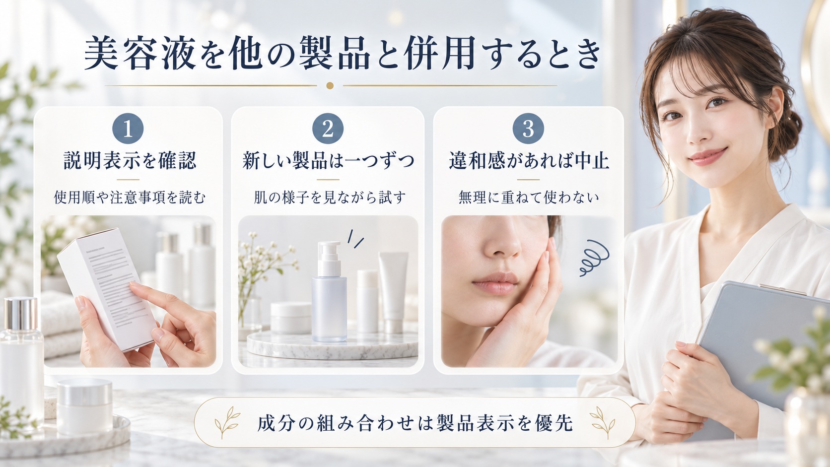 美容液の併用時は製品表示を確認し、新しい製品は一つずつ試して違和感があれば中止する手順