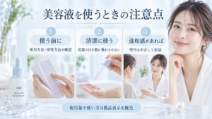 美容液の使用前に方法と保管を確認し、容器の口を肌に触れさせず、違和感があれば使用を中止する手順