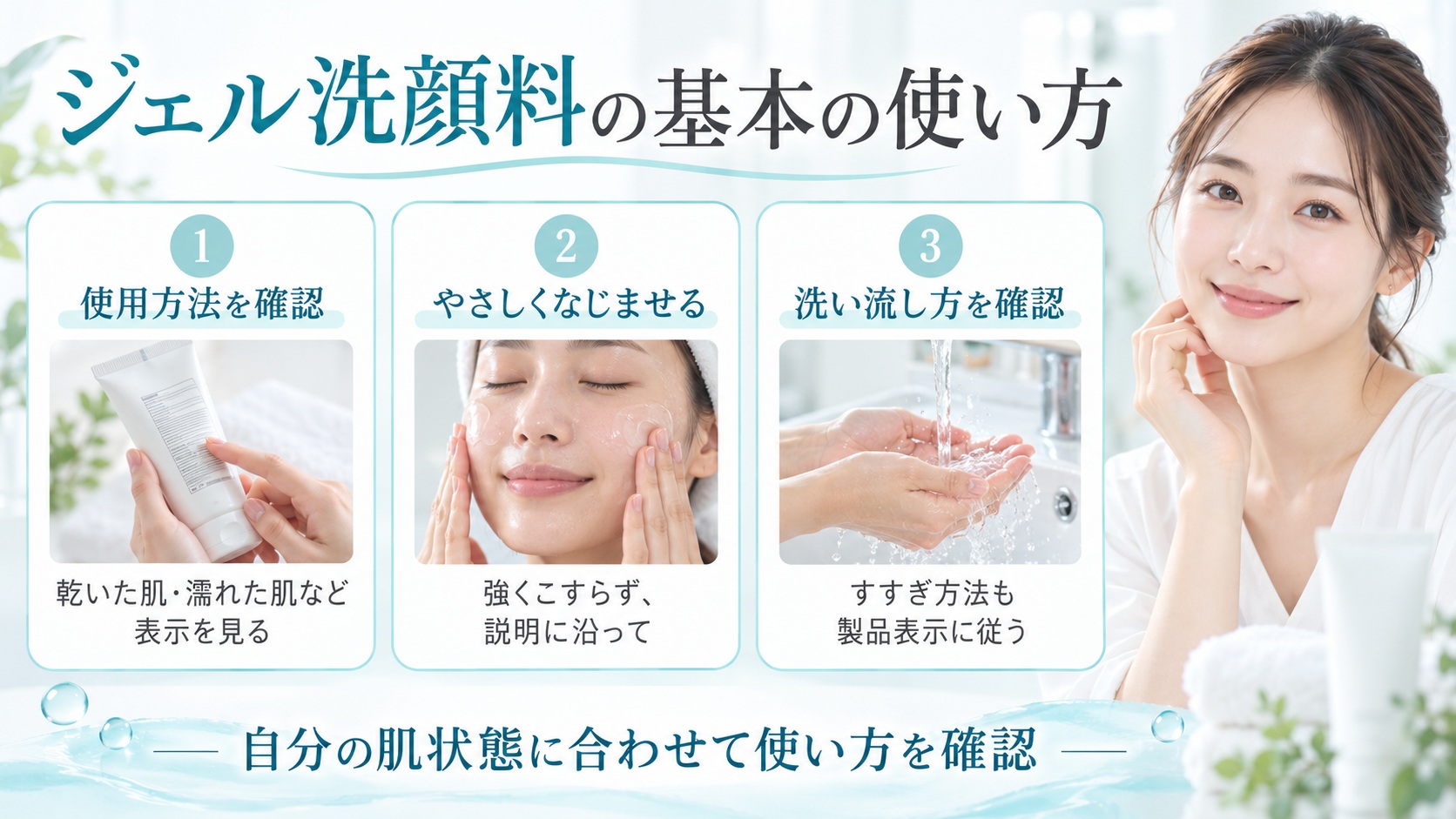 ジェル洗顔料は使用前に乾いた肌か濡れた肌かなどの表示を確認し、こすらず洗い流す手順