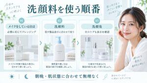 メイクをしている日は必要に応じてクレンジングを行い、洗顔料と次のケアは各製品の表示を確認する順番