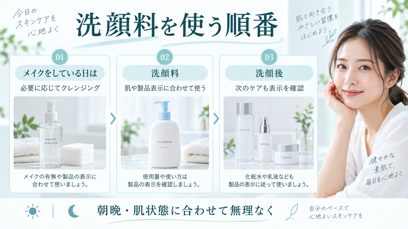 メイクをしている日は必要に応じてクレンジングを行い、洗顔料と次のケアは各製品の表示を確認する順番