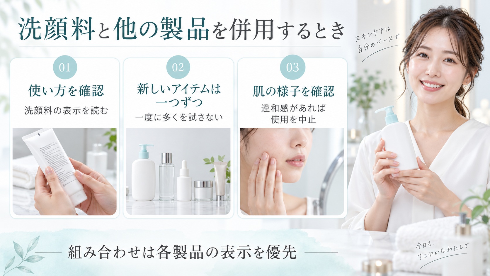 洗顔料の表示を確認し、新しいアイテムは一つずつ試し、違和感があれば使用を中止する案内