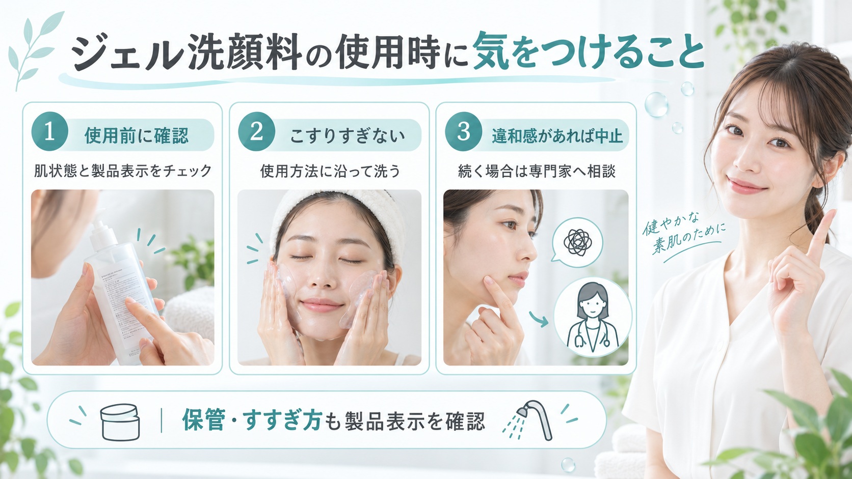 ジェル洗顔料は肌状態と製品表示を確認し、こすりすぎず、違和感があれば中止する注意点