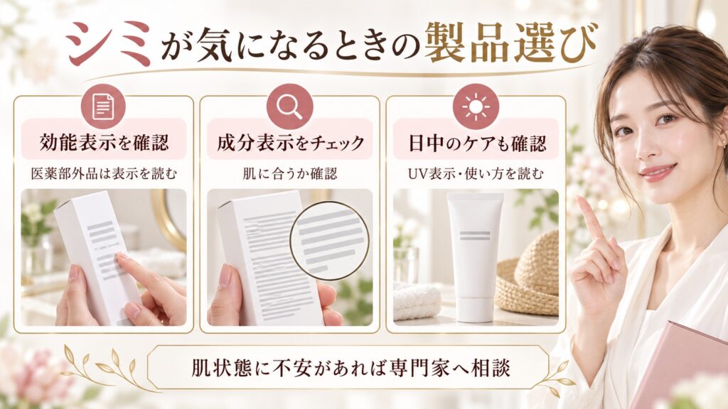 シミが気になるときは医薬部外品の効能表示や成分表示、UV製品の使い方を確認する案内