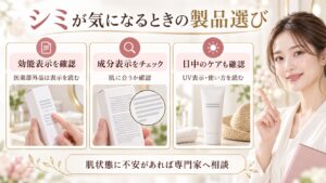 シミが気になるときは医薬部外品の効能表示や成分表示、UV製品の使い方を確認する案内