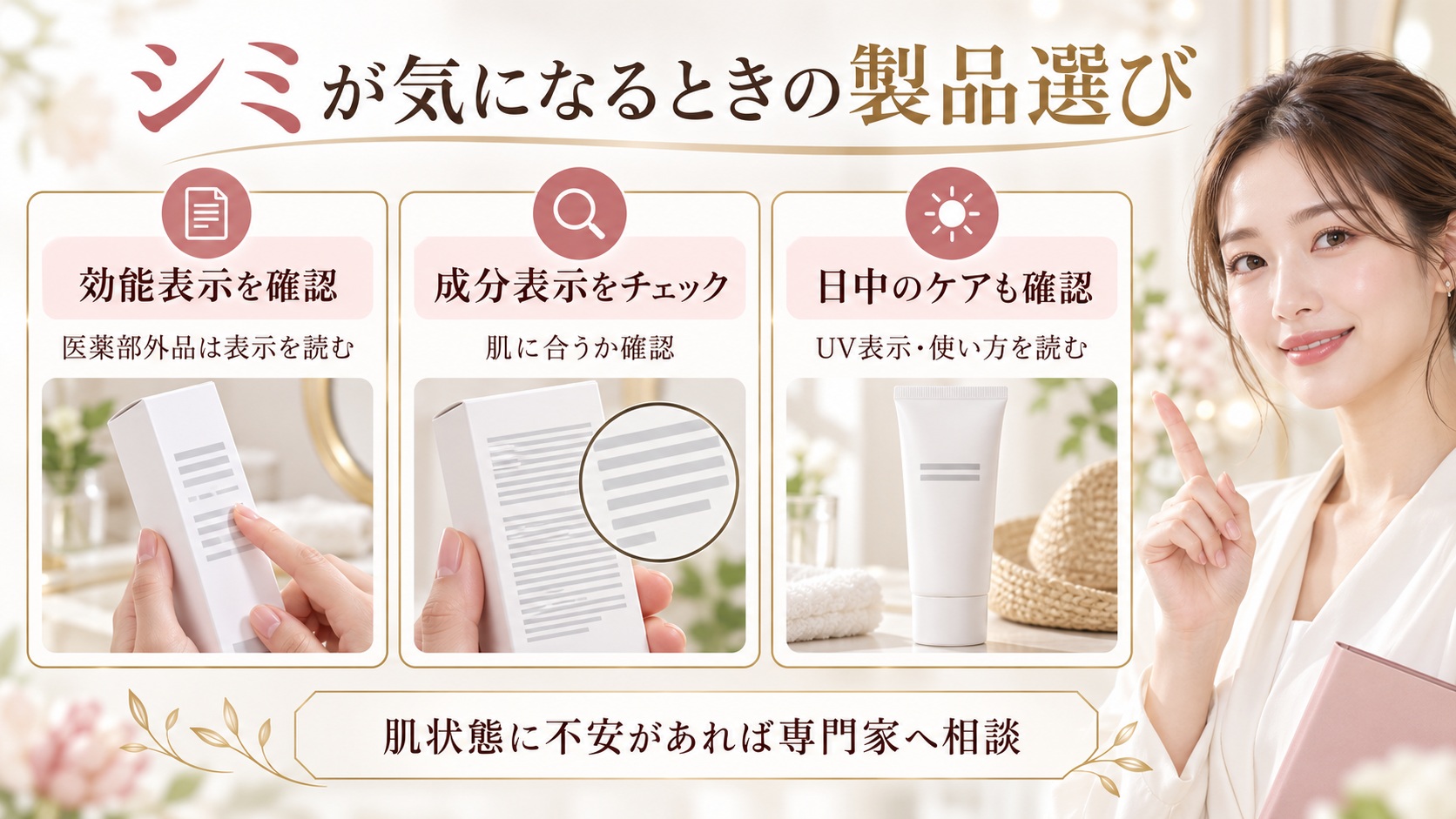 シミが気になるときは医薬部外品の効能表示や成分表示、UV製品の使い方を確認する案内
