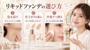 リキッドファンデの色を首元と比べて仕上がりを選び、少量ずつ薄く塗る方法